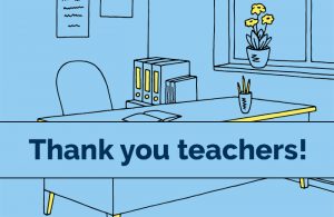 Text: "Thank You Teachers" in front of a blue background with a desk and books